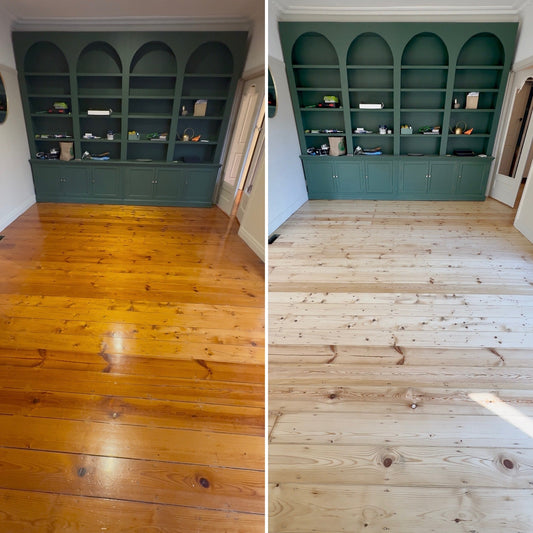 side by side comparison of an orange floor and the same floor looking much more true to the colour of the wood after treatment.