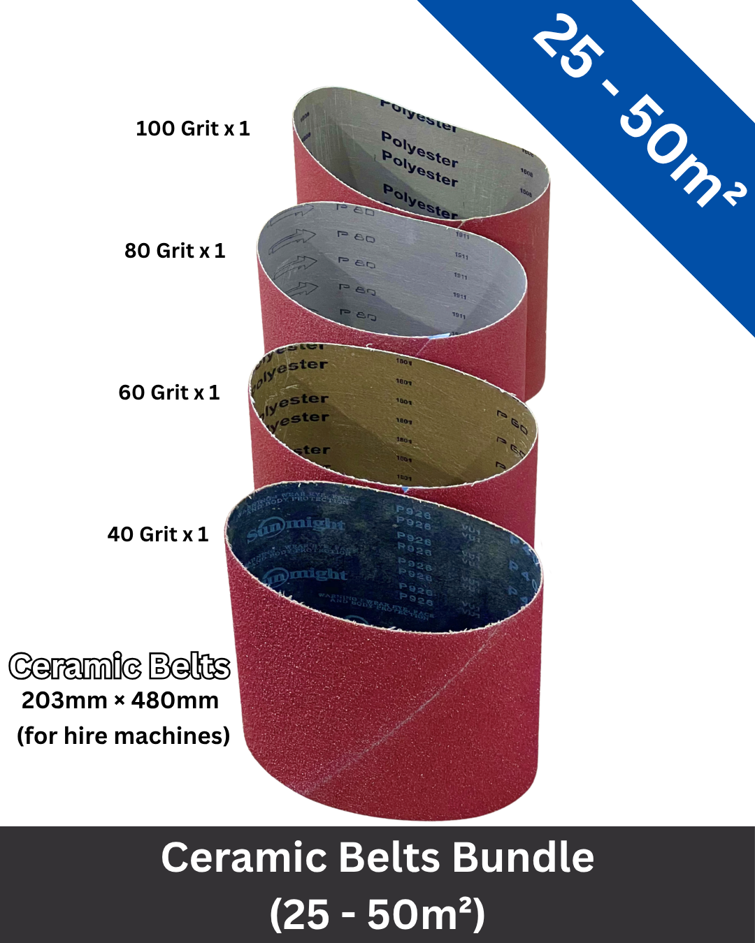 SANDPAPER | CERAMIC BELTS BUNDLE | 203mm X 480mm (for hire machines)